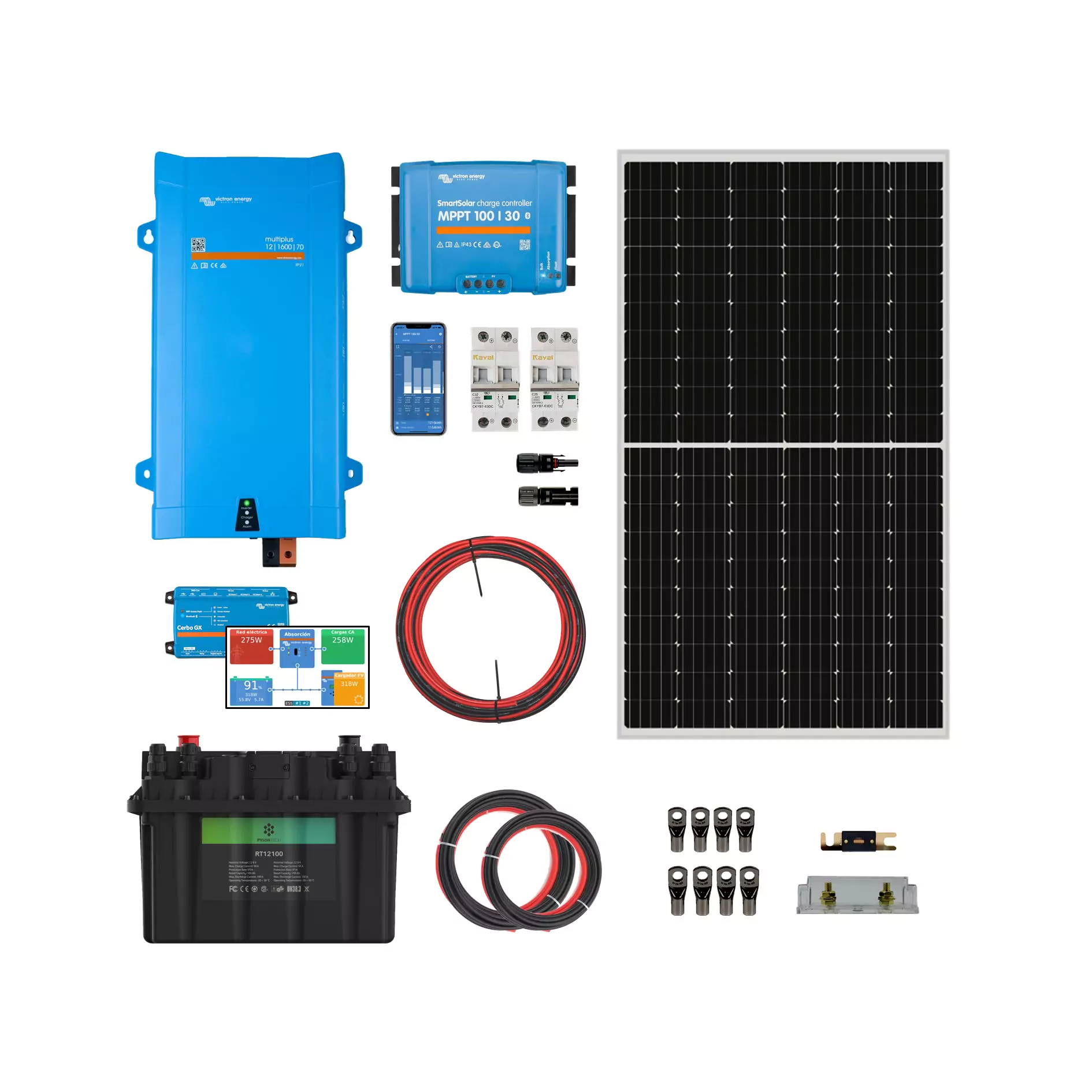 Kit solaire 140 Wc + MPPT 75/10 SmartSolar + Lithium 100Ah Panel + Tableau 12  V
